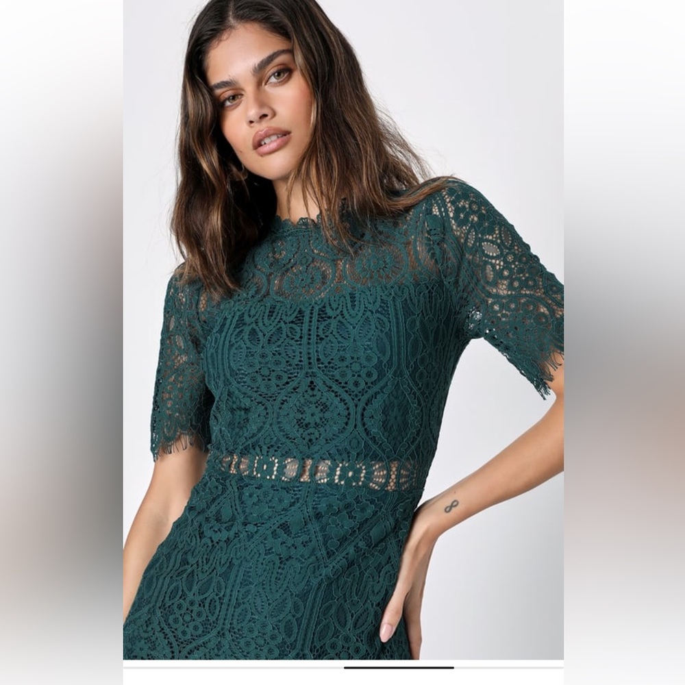 LULUS Remarkable Forest Green Sheer Lace Short Sleeve Mini Dress - Picture 7 of 15